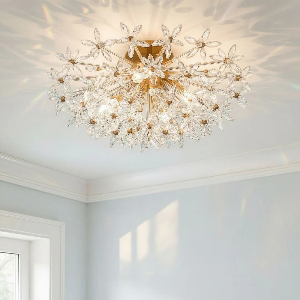 Adalia Modern Classic Aged Brass Crystal Semi Flush Mount|