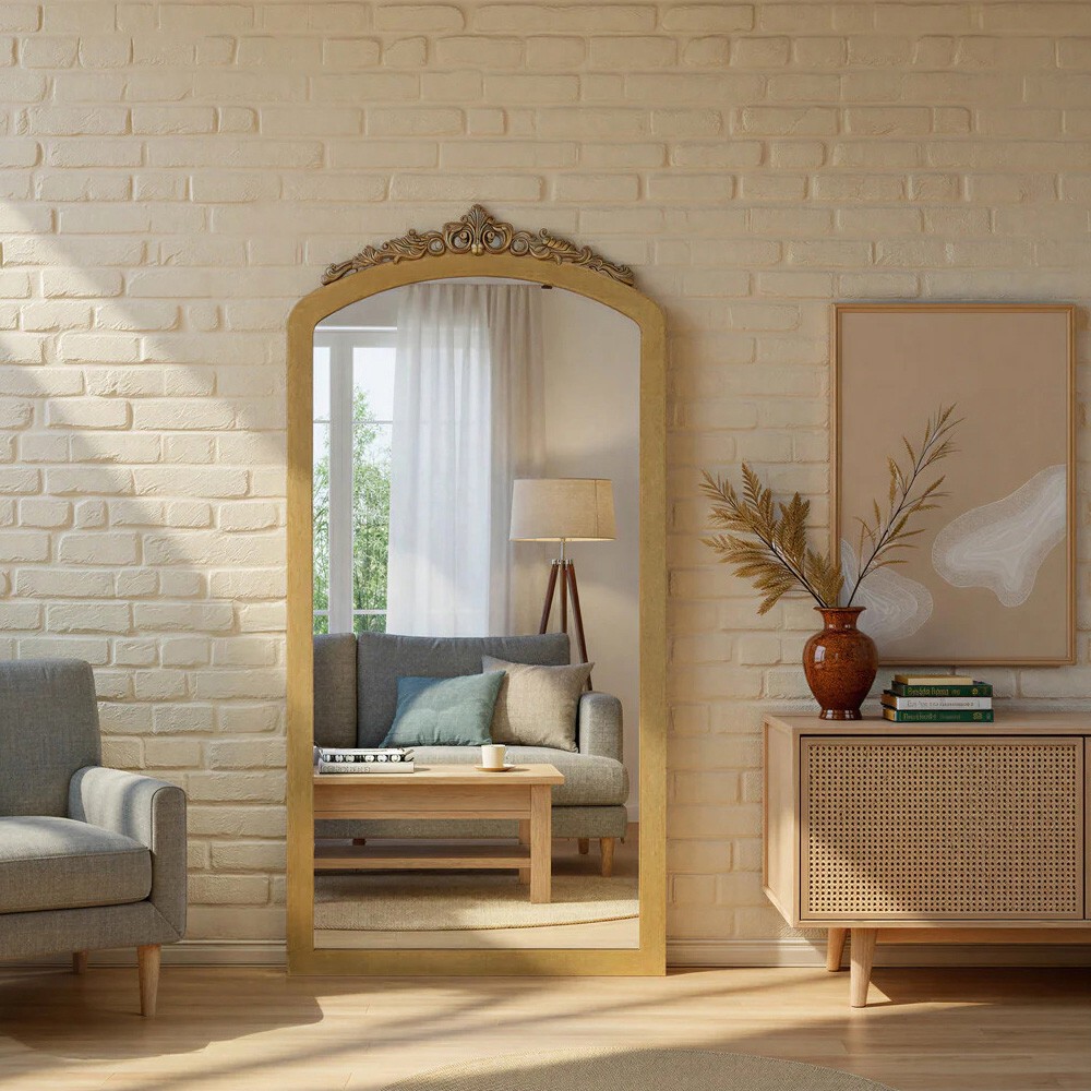 Ardelle Traditional Burnished Brass Arched Floor Mirror|