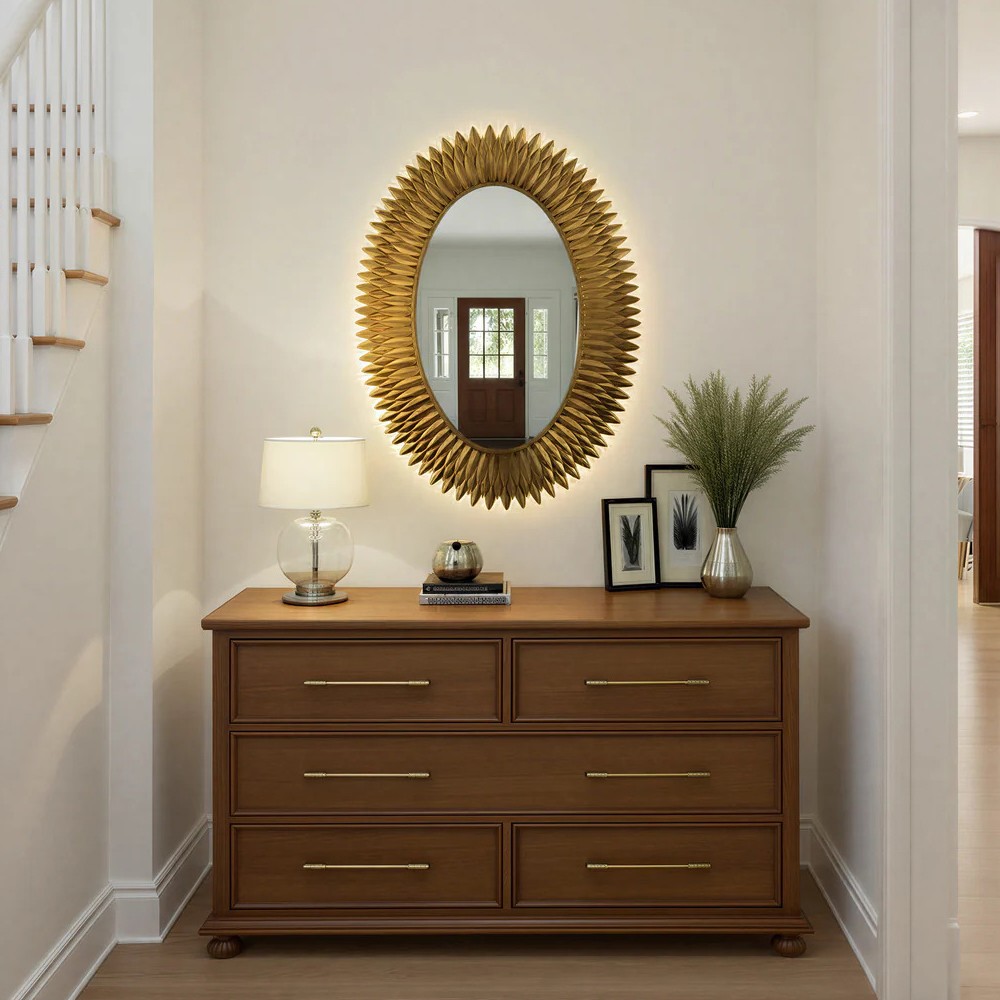 Liora Traditional Antique Gold Sunburst Oval LED Wall Mirror|