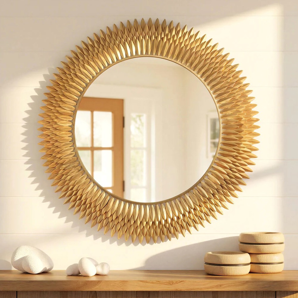 Liora Traditional Antique Gold Sunburst Round Wall Mirror|