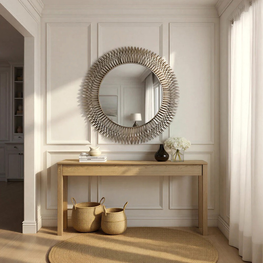 Liora Traditional Antique Silver Sunburst Round Wall Mirror|