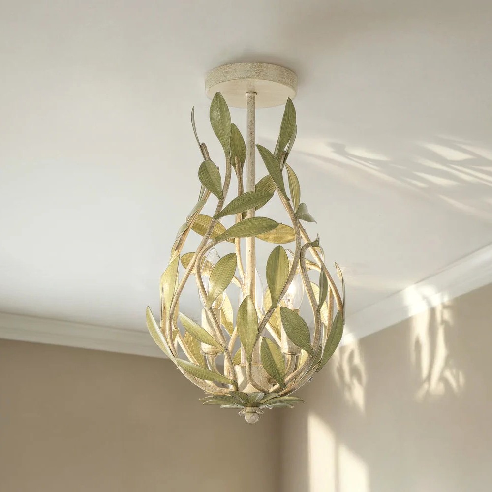 Liora Traditional Champagne Green Leaf Light Semi Flush Mount|