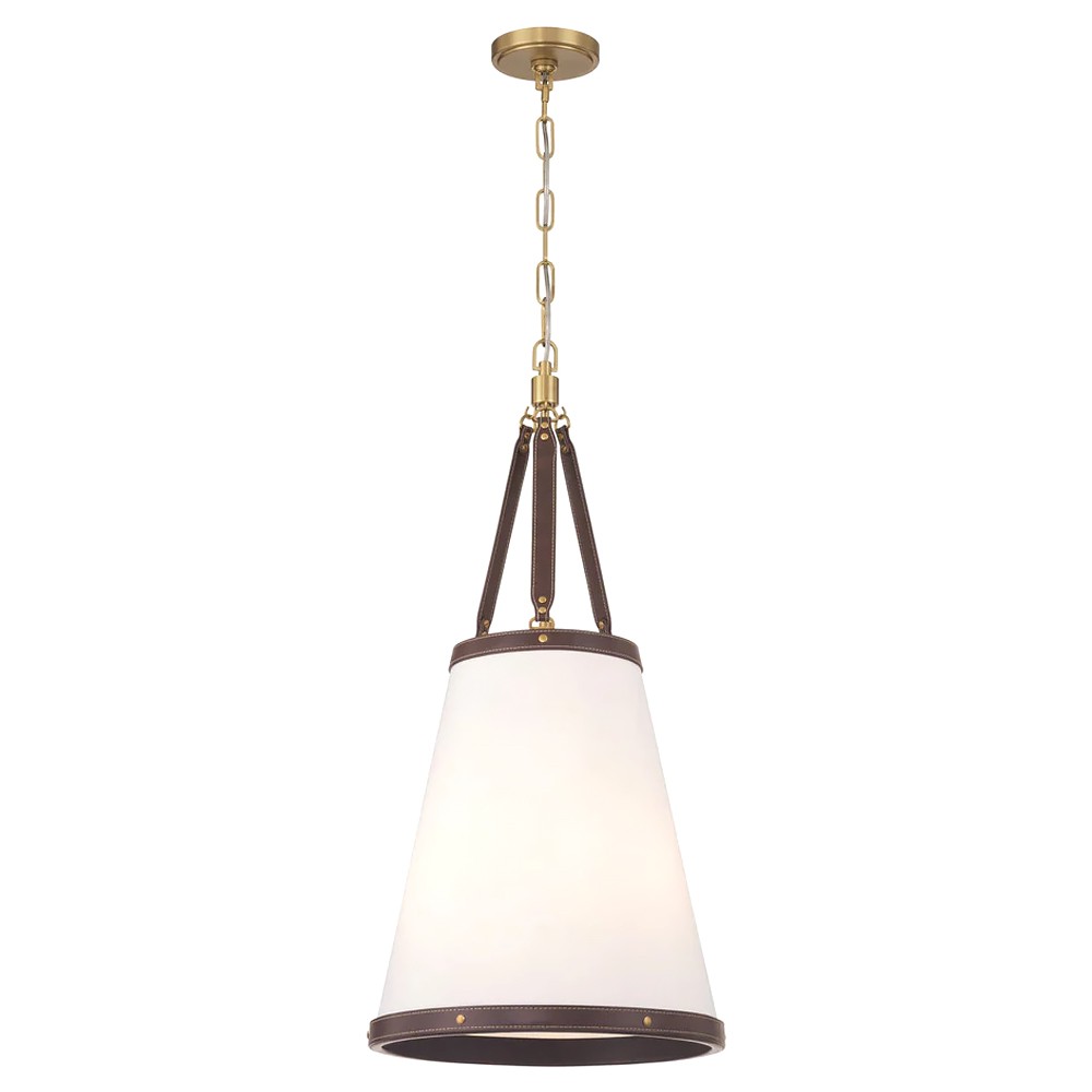 Finley Traditional Brown Leather Trim White Linen 3 Light Pendant|