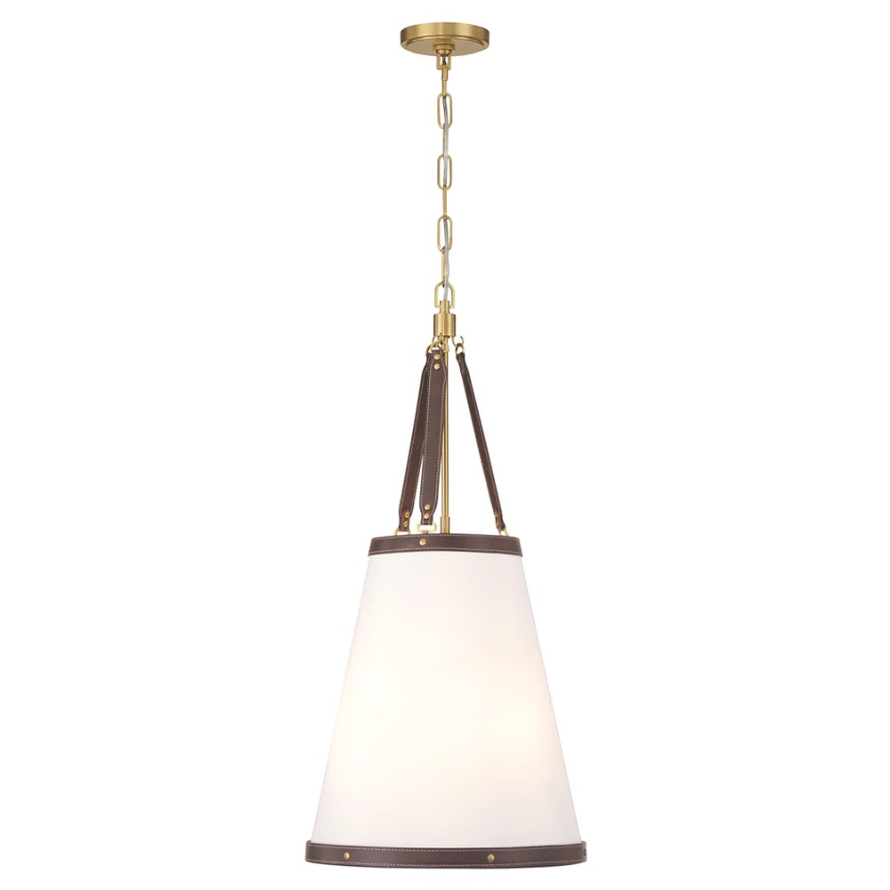 Finley Traditional Brown Leather Trim White Linen 3 Light Pendant|