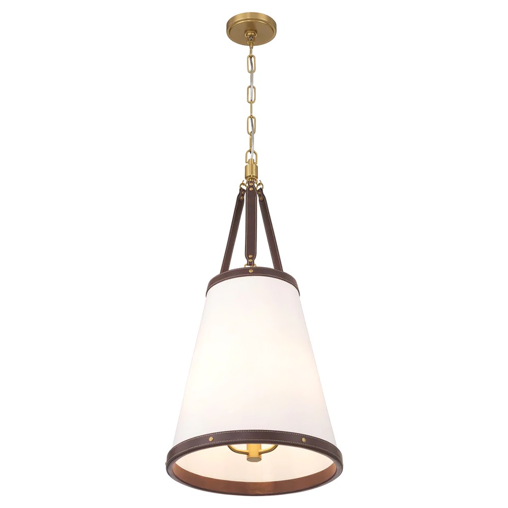Finley Traditional Brown Leather Trim White Linen 3 Light Pendant|
