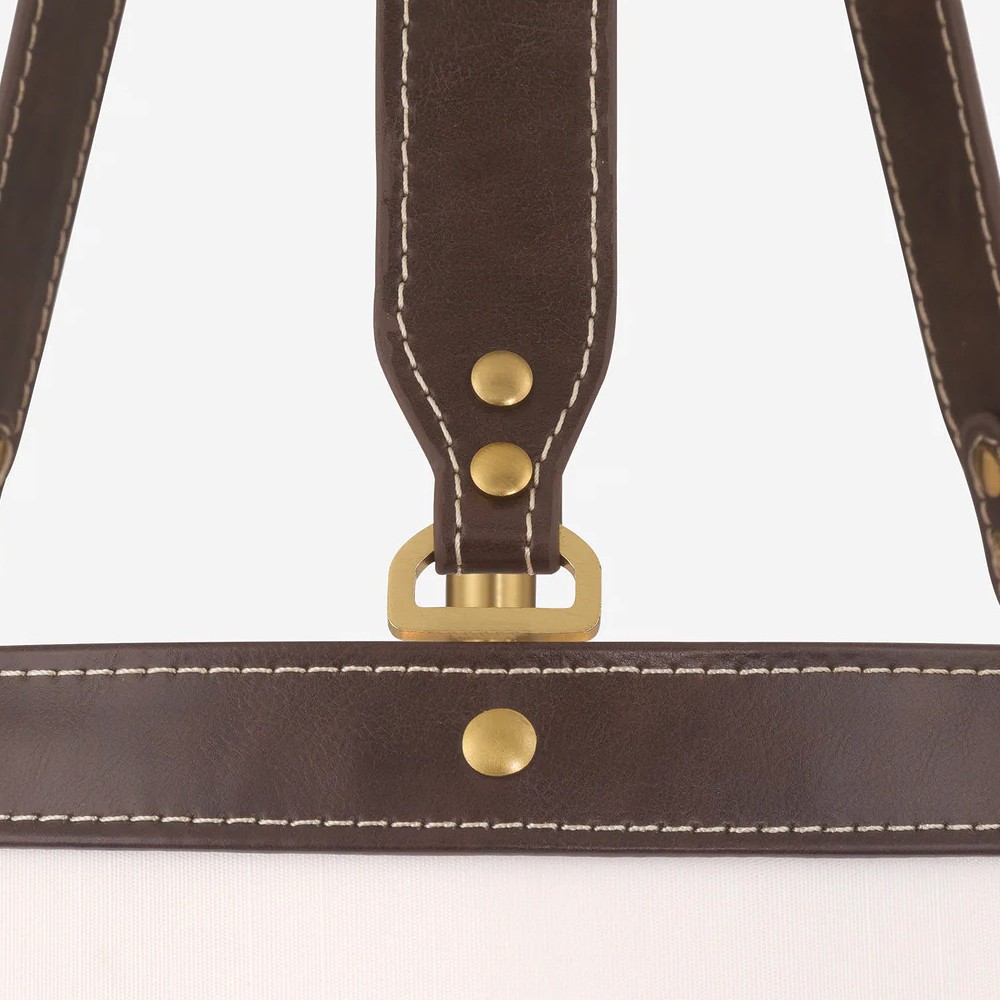 Finley Traditional Brown Leather Trim White Linen 3 Light Pendant|