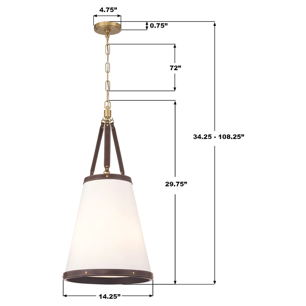 Finley Traditional Brown Leather Trim White Linen 3 Light Pendant|