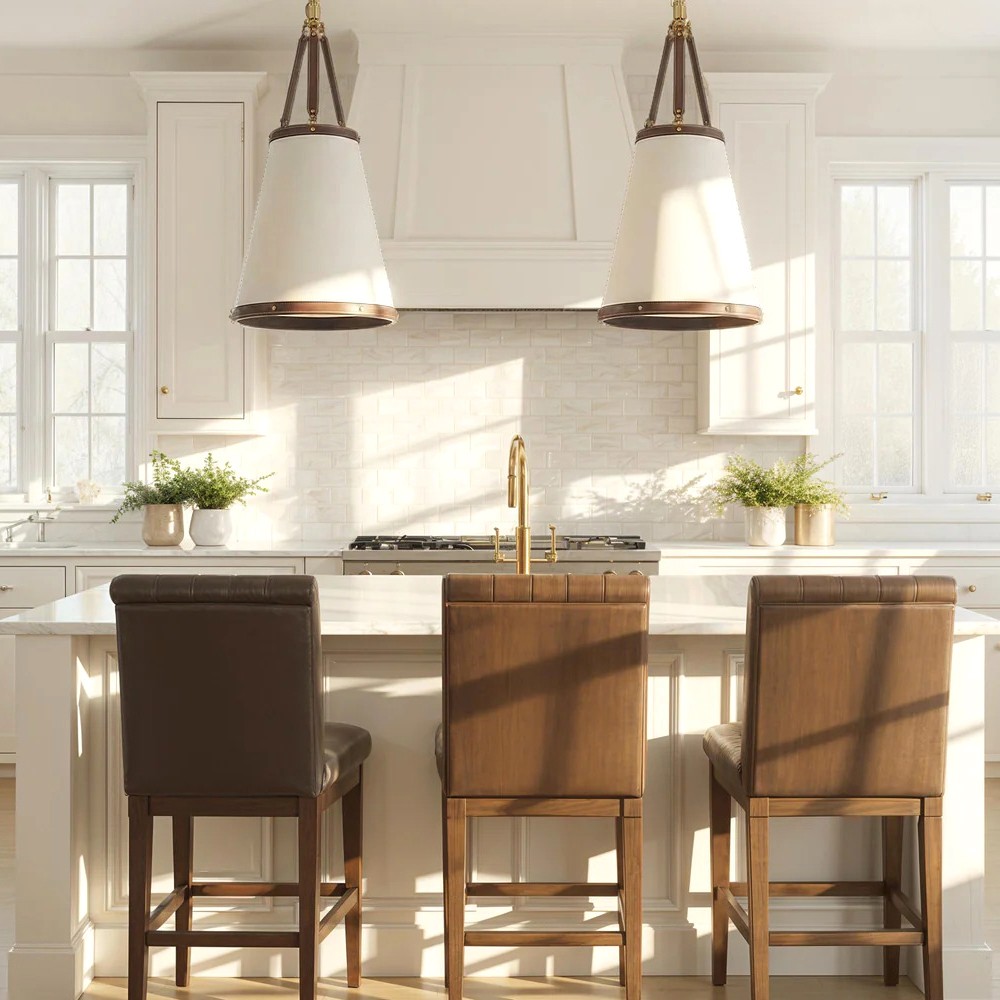 Finley Traditional Brown Leather Trim White Linen 3 Light Pendant|