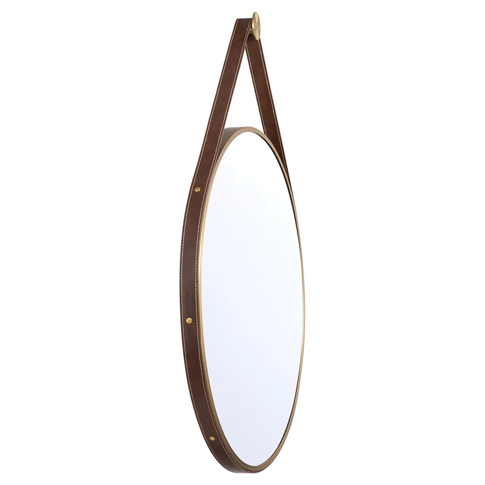 Finley Traditional Brown Leather Strap Gold Round Wall Mirror|