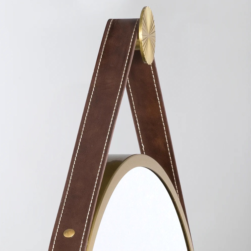 Finley Traditional Brown Leather Strap Gold Round Wall Mirror|