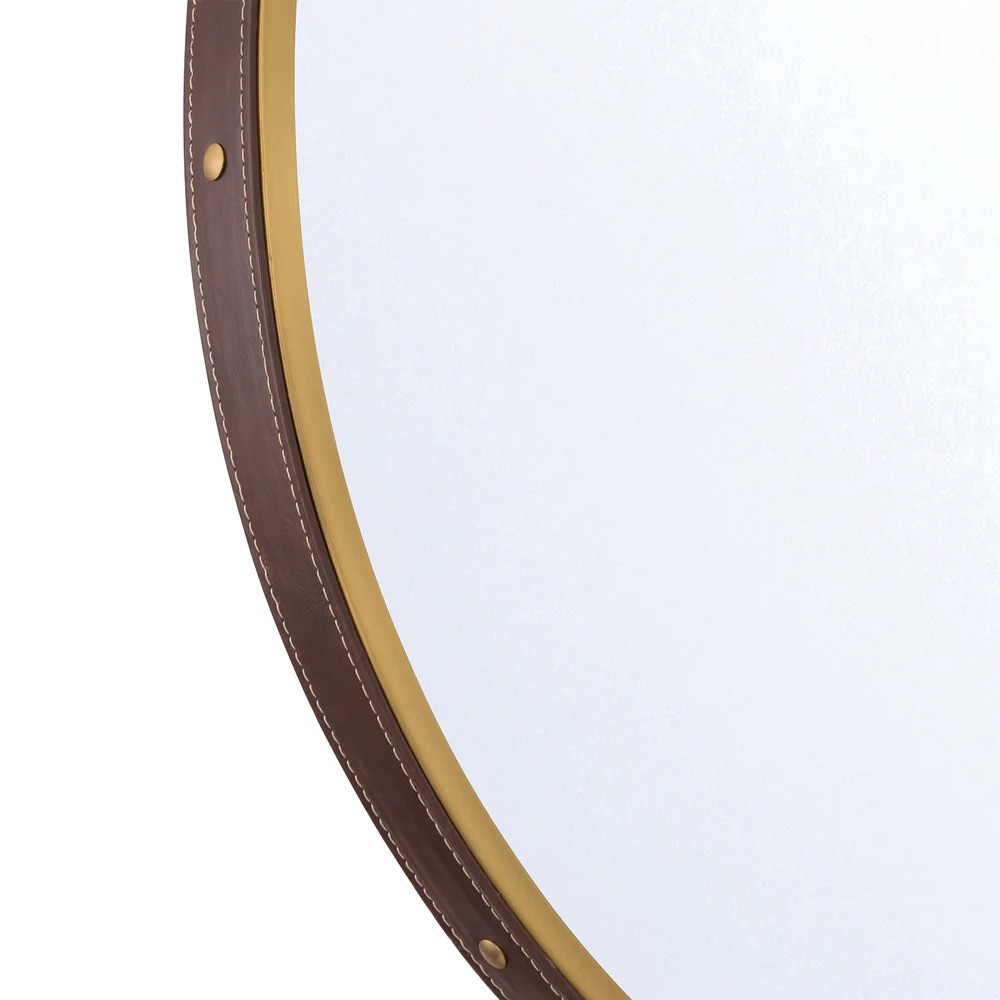 Finley Traditional Brown Leather Strap Gold Round Wall Mirror|
