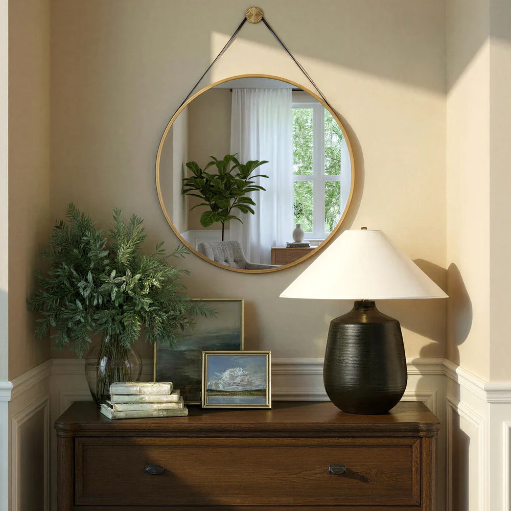 Finley Traditional Brown Leather Strap Gold Round Wall Mirror|