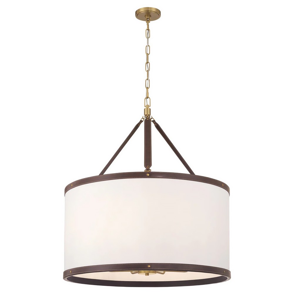 Finley Traditional Brown Leather Trim White Linen Drum Pendant|