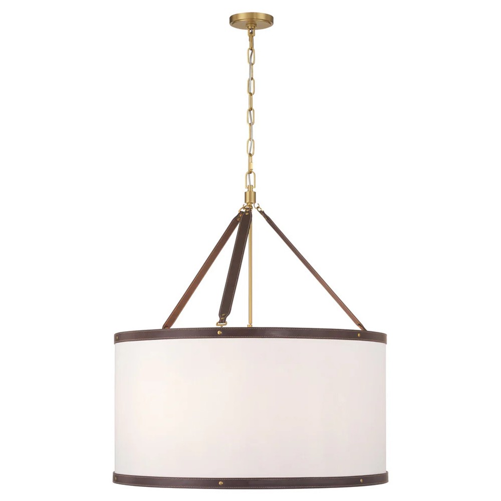 Finley Traditional Brown Leather Trim White Linen Drum Pendant|