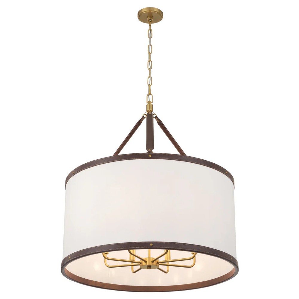 Finley Traditional Brown Leather Trim White Linen Drum Pendant|