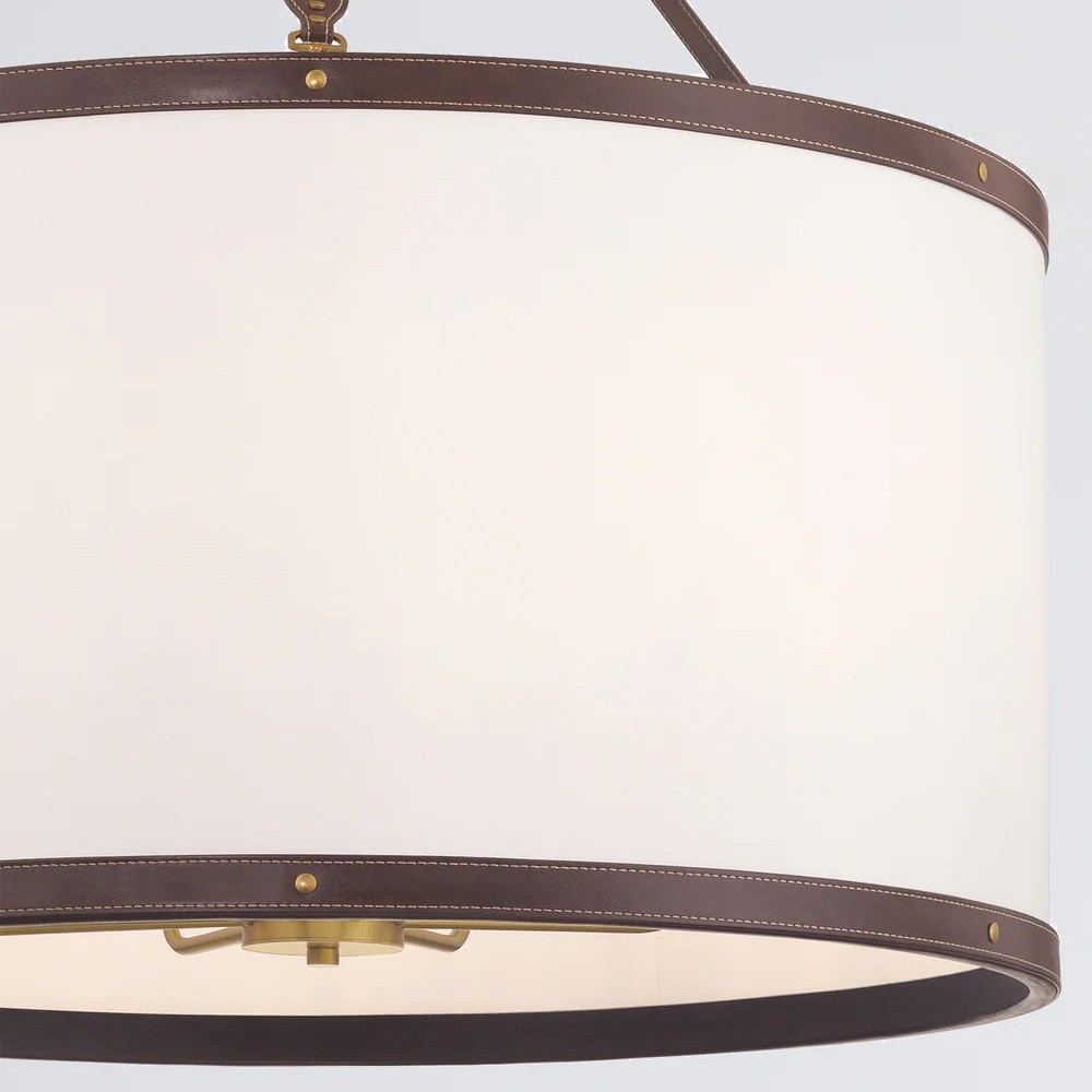 Finley Traditional Brown Leather Trim White Linen Drum Pendant|