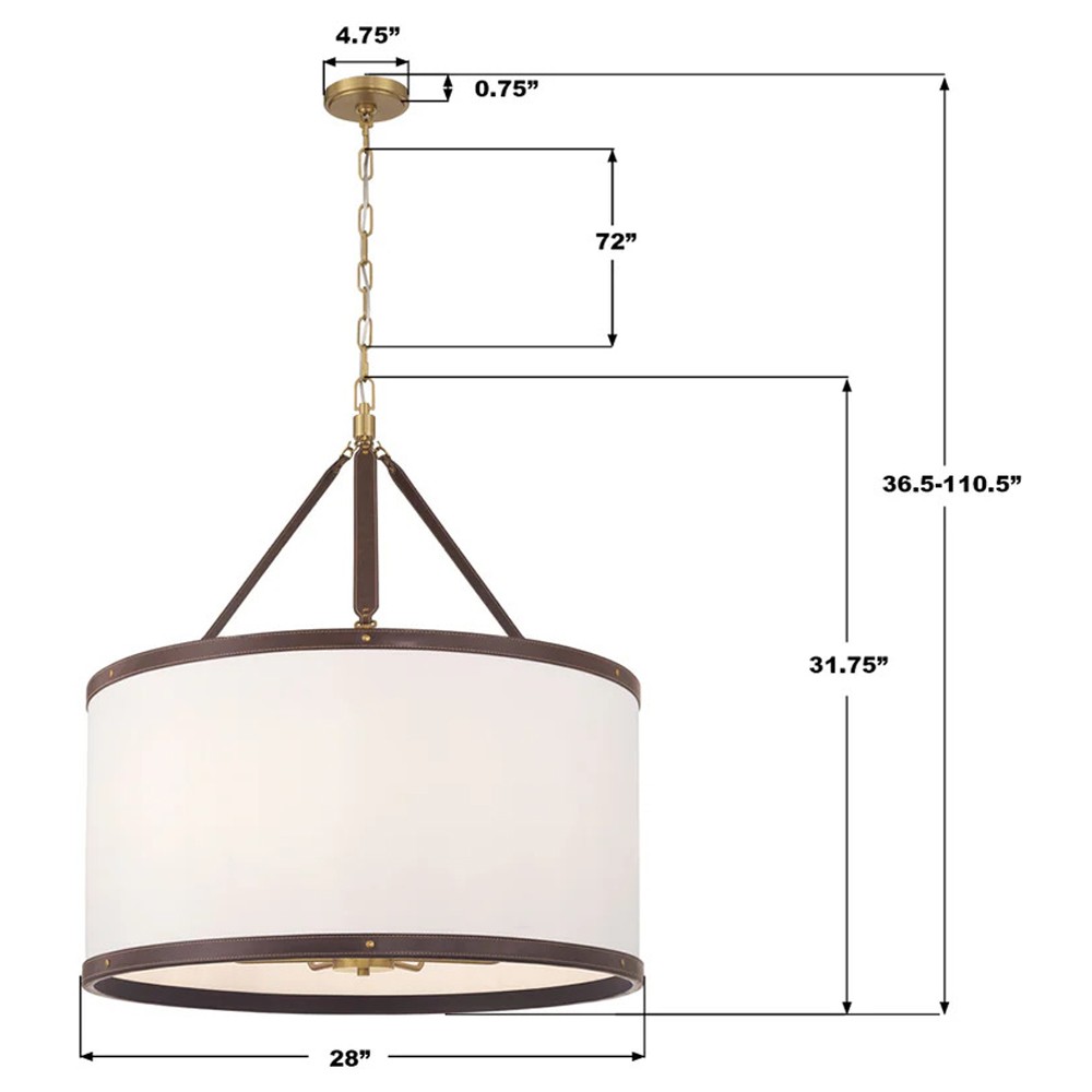 Finley Traditional Brown Leather Trim White Linen Drum Pendant|