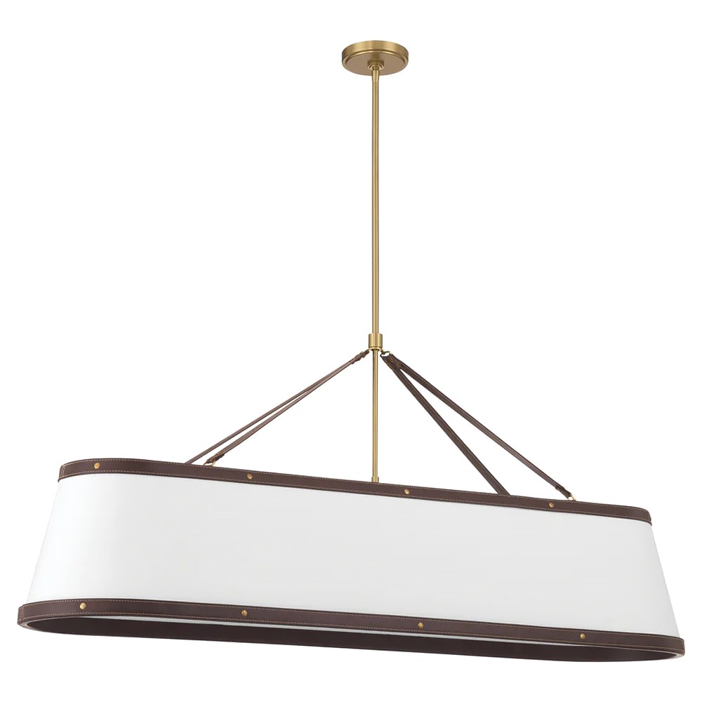 Finley Traditional Brown Leather Trim White Linen Linear Chandelier|