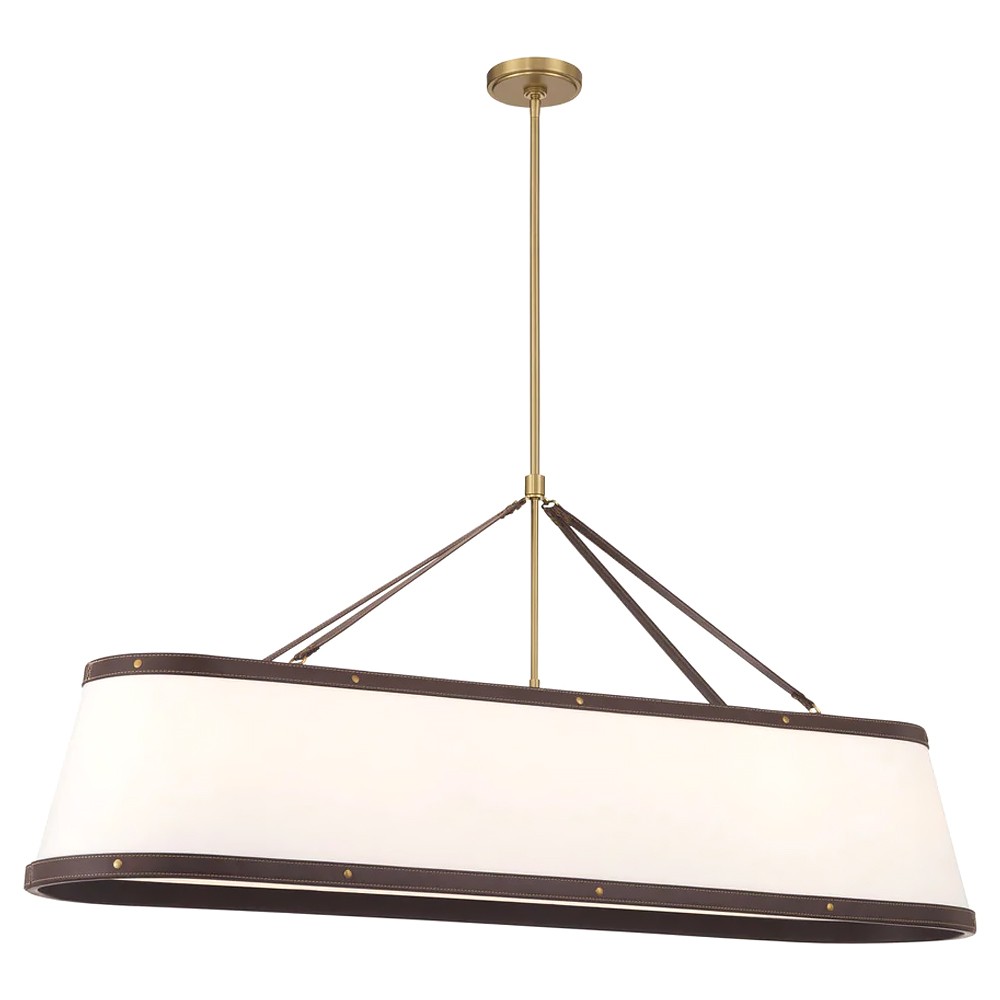 Finley Traditional Brown Leather Trim White Linen Linear Chandelier|