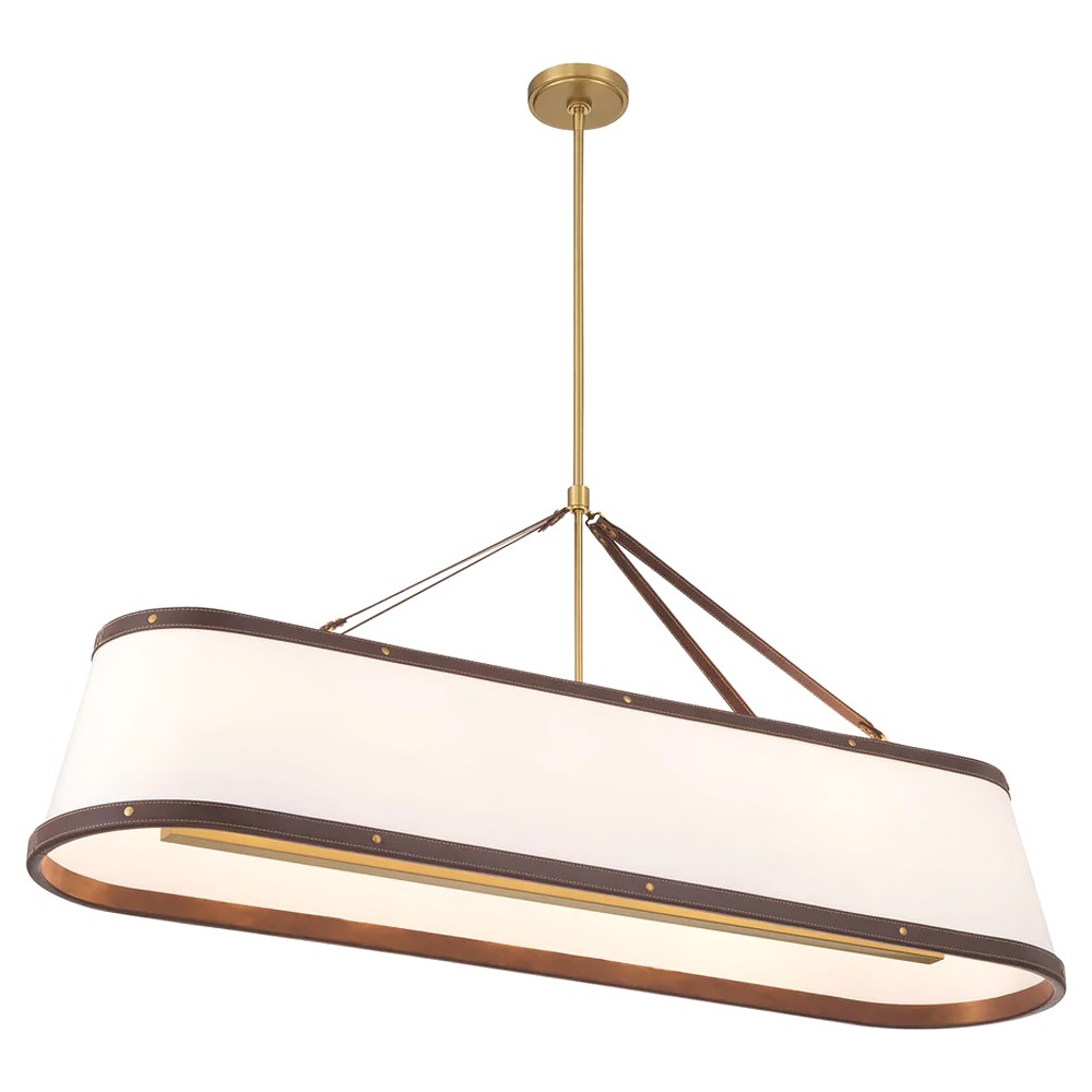 Finley Traditional Brown Leather Trim White Linen Linear Chandelier|