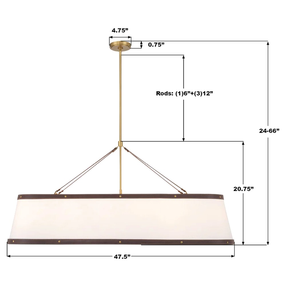 Finley Traditional Brown Leather Trim White Linen Linear Chandelier|