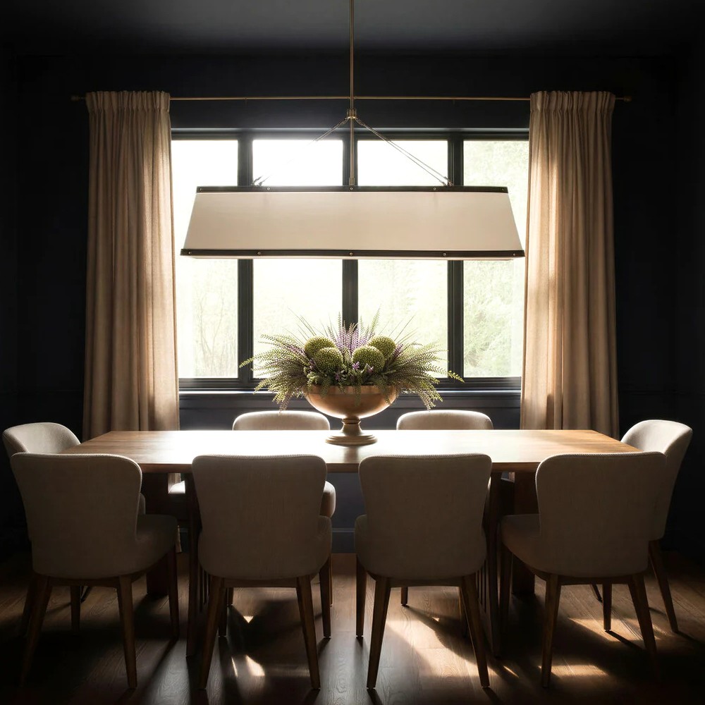 Finley Traditional Brown Leather Trim White Linen Linear Chandelier|