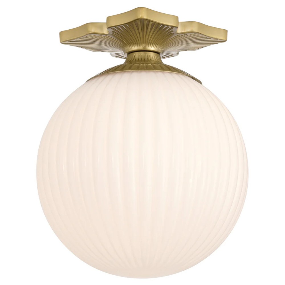 Arden Traditional Aged Brass White Ribbed Glass Semi Flush Mount|