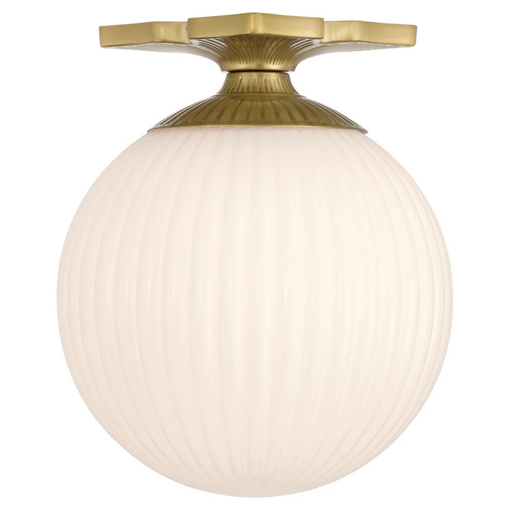 Arden Traditional Aged Brass White Ribbed Glass Semi Flush Mount|