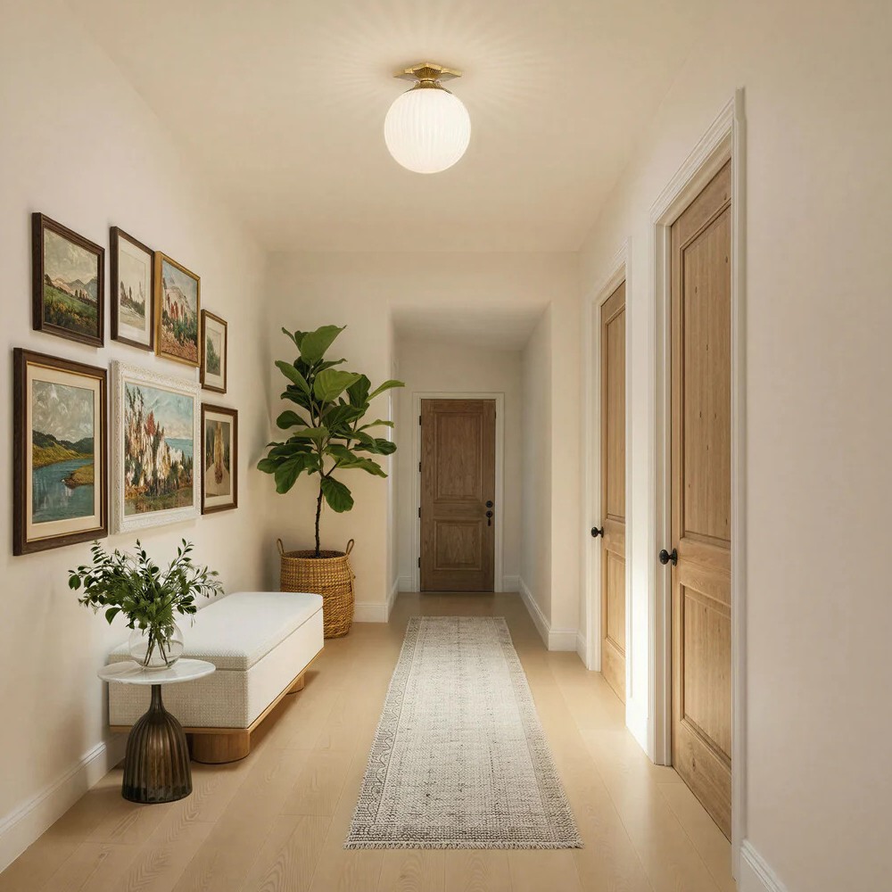 Arden Traditional Aged Brass White Ribbed Glass Semi Flush Mount|