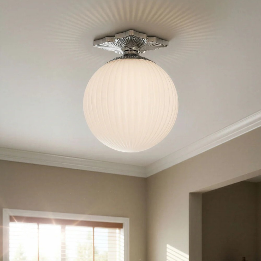 Arden Traditional Polished Nickel White Ribbed Glass Semi Flush Mount|