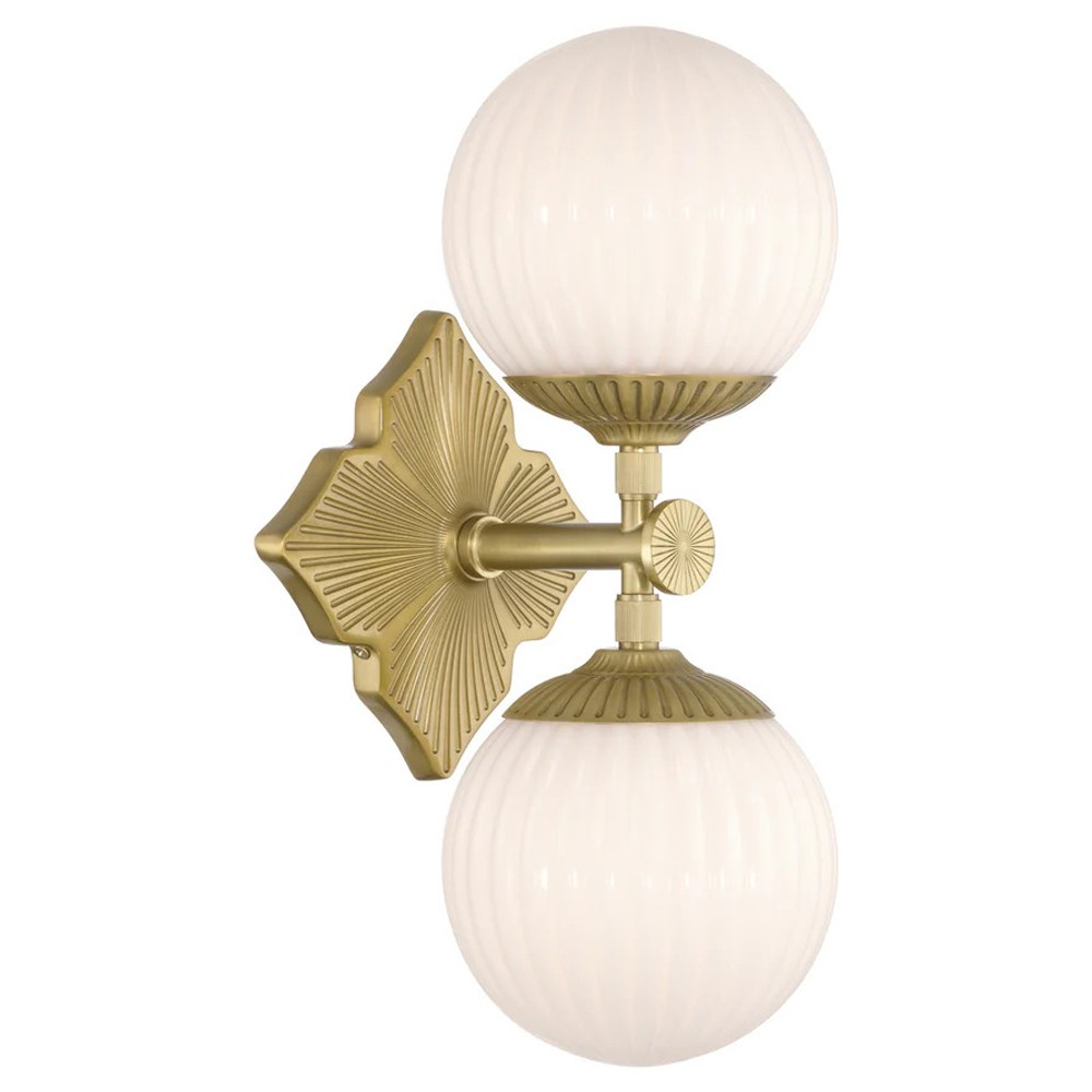 Arden Traditional Aged Brass White Ribbed Glass 2 Light Sconce|