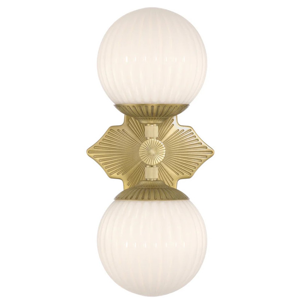 Arden Traditional Aged Brass White Ribbed Glass 2 Light Sconce|