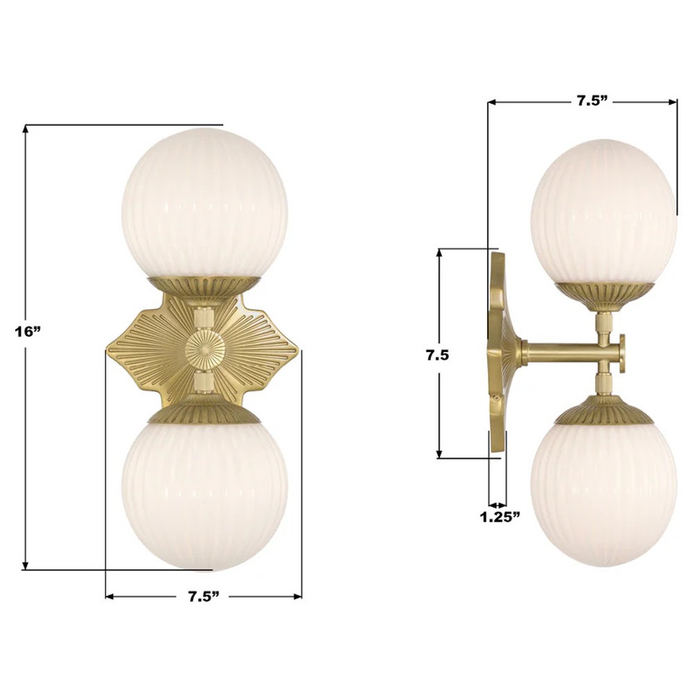 Arden Traditional Aged Brass White Ribbed Glass 2 Light Sconce|