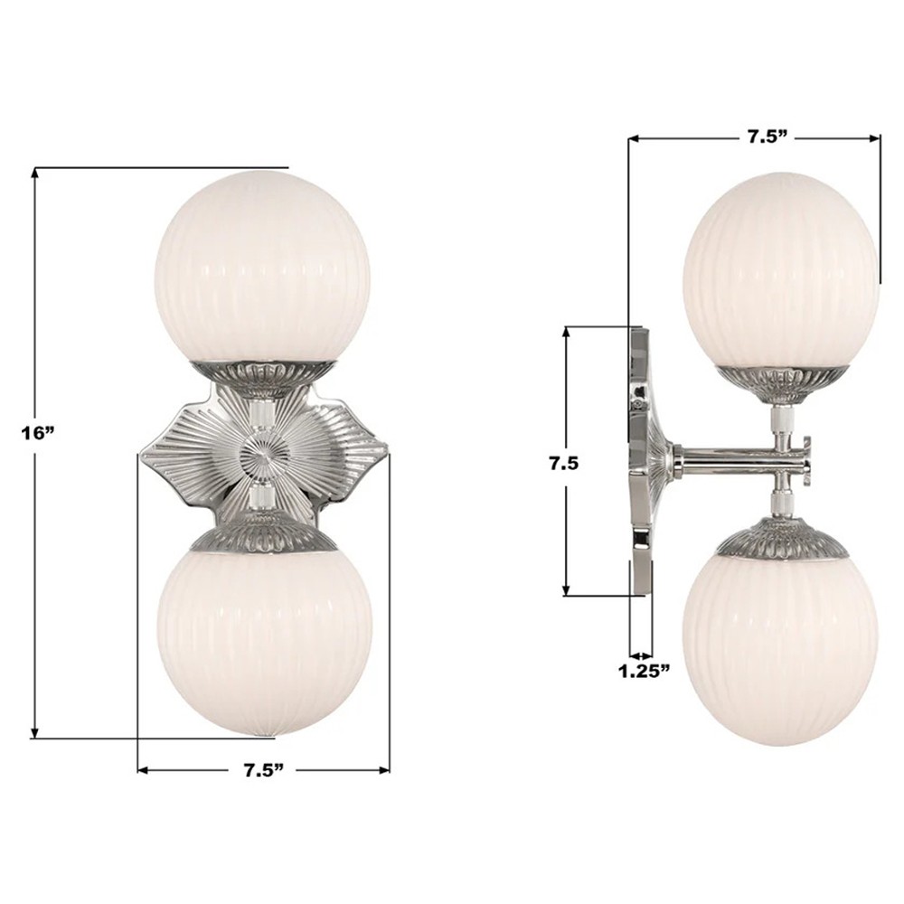 Arden Traditional Polished Nickel White Ribbed Glass 2 Light Sconce|