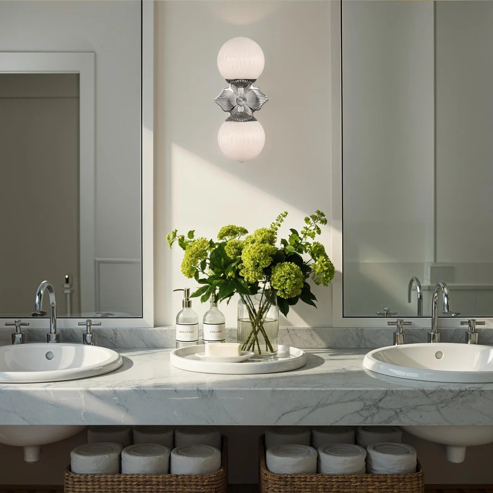 Arden Traditional Polished Nickel White Ribbed Glass 2 Light Sconce|