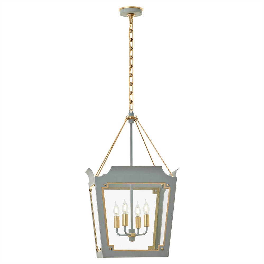 Visual Comfort Caddo Traditional Glass Shade Celadon Blue Steel Lantern|