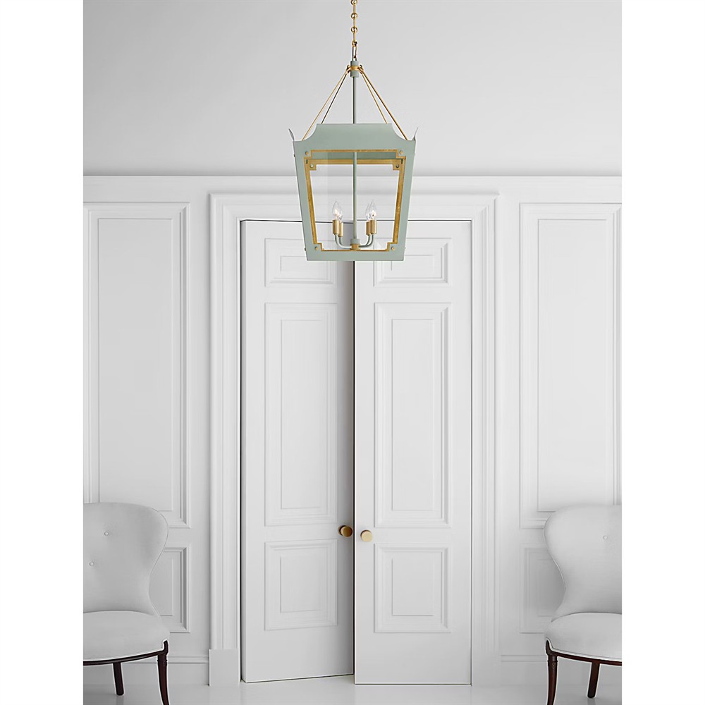Visual Comfort Caddo Traditional Glass Shade Celadon Blue Steel Lantern|