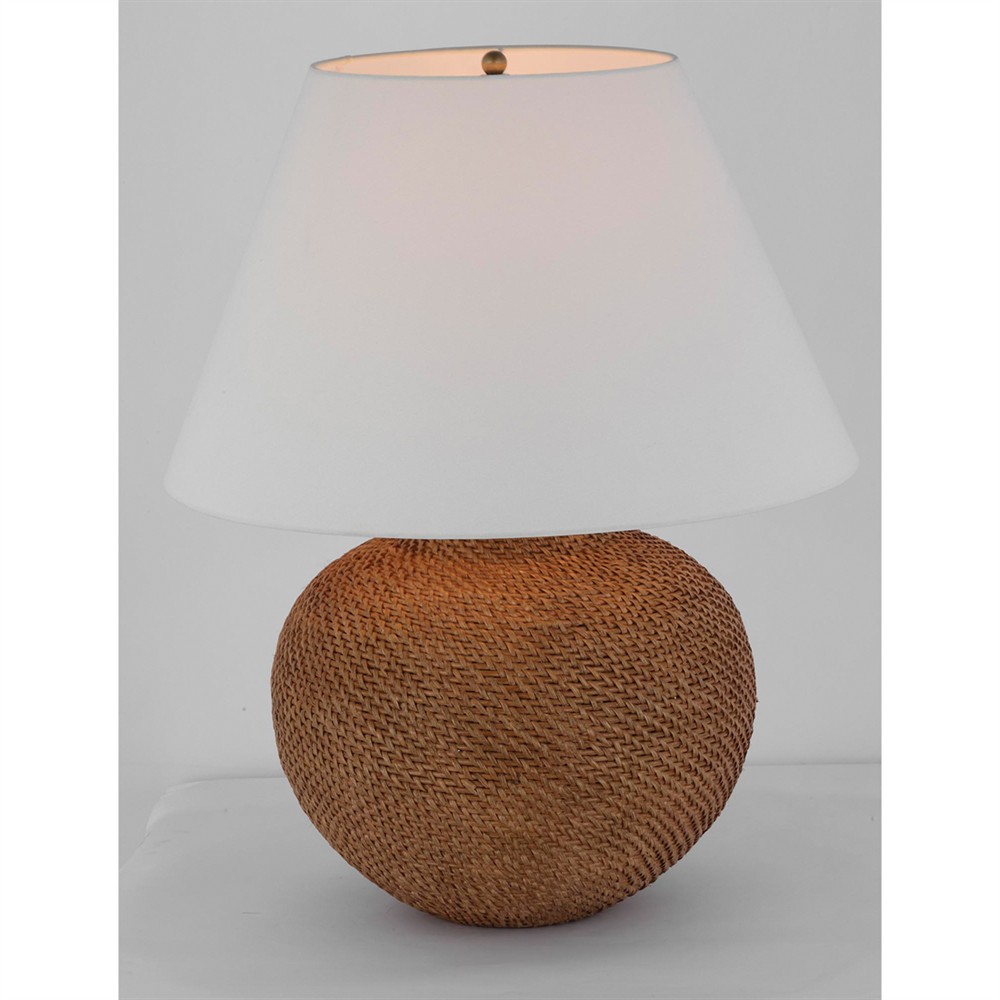 Visual Comfort Avedon Coastal Beach White Linen Shade Natural Rattan Table Lamp|