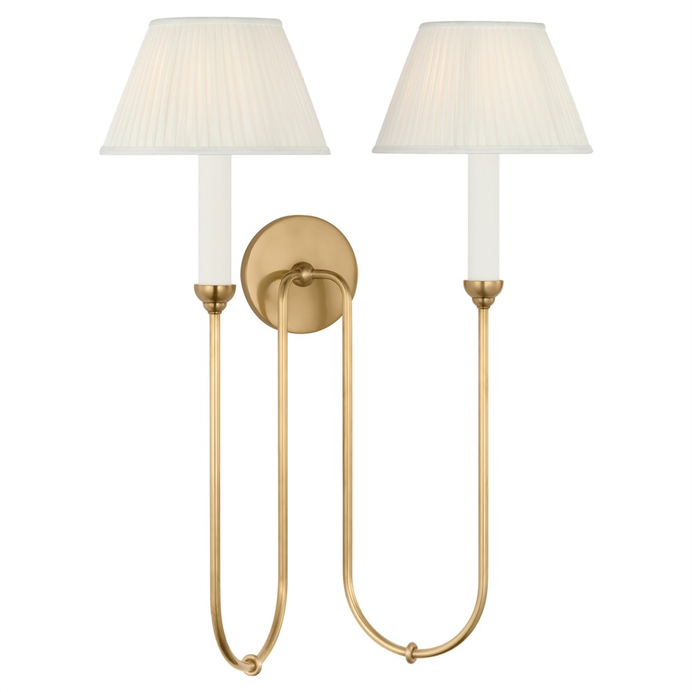 Visual Comfort Ingela White Silk Pleated Antique Brass Double Armed Sconce|