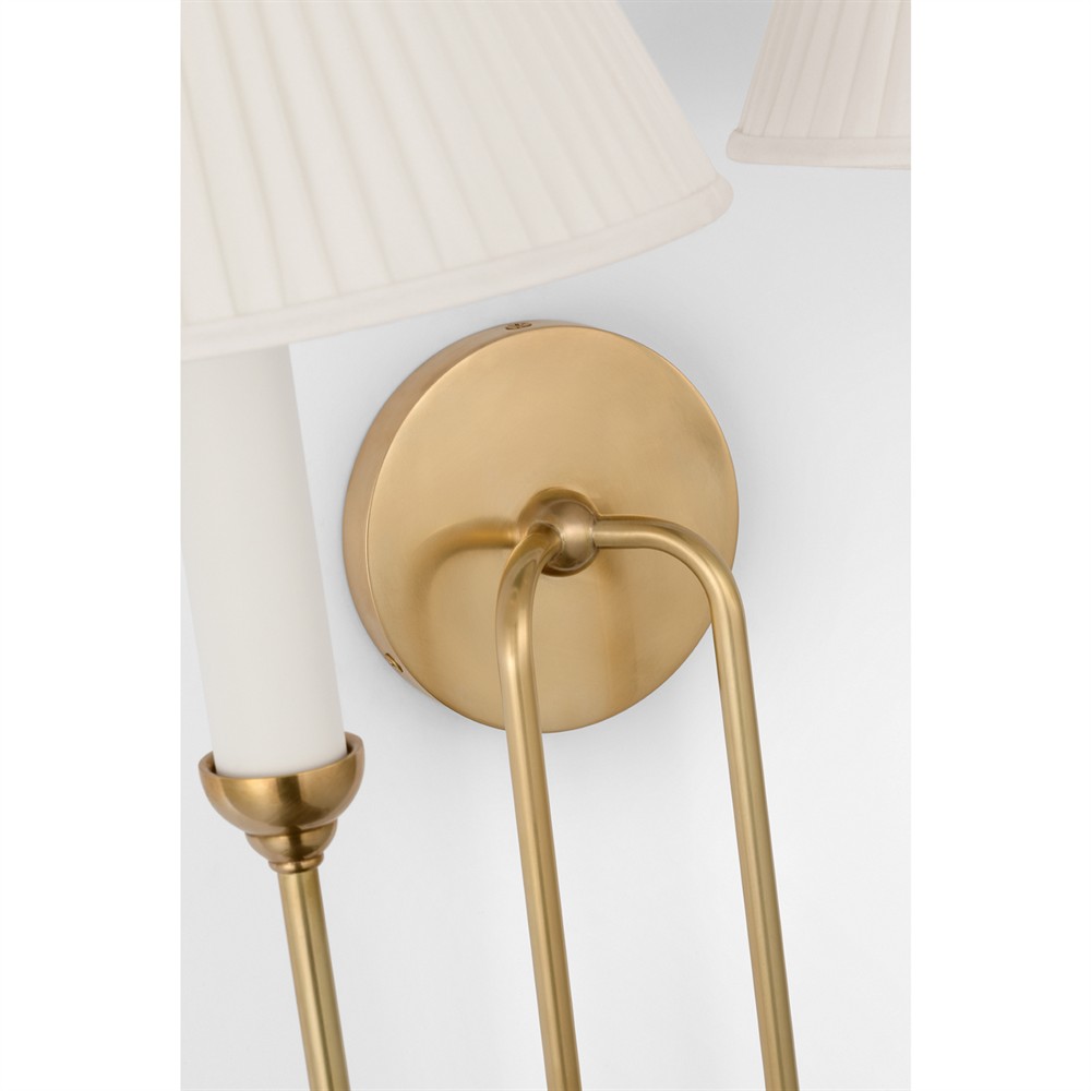 Visual Comfort Ingela White Silk Pleated Antique Brass Double Armed Sconce|
