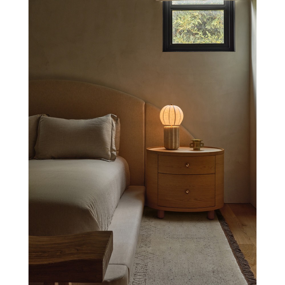 Portofino Coastal Natural Travertine White Linen Shade Table Lamp|