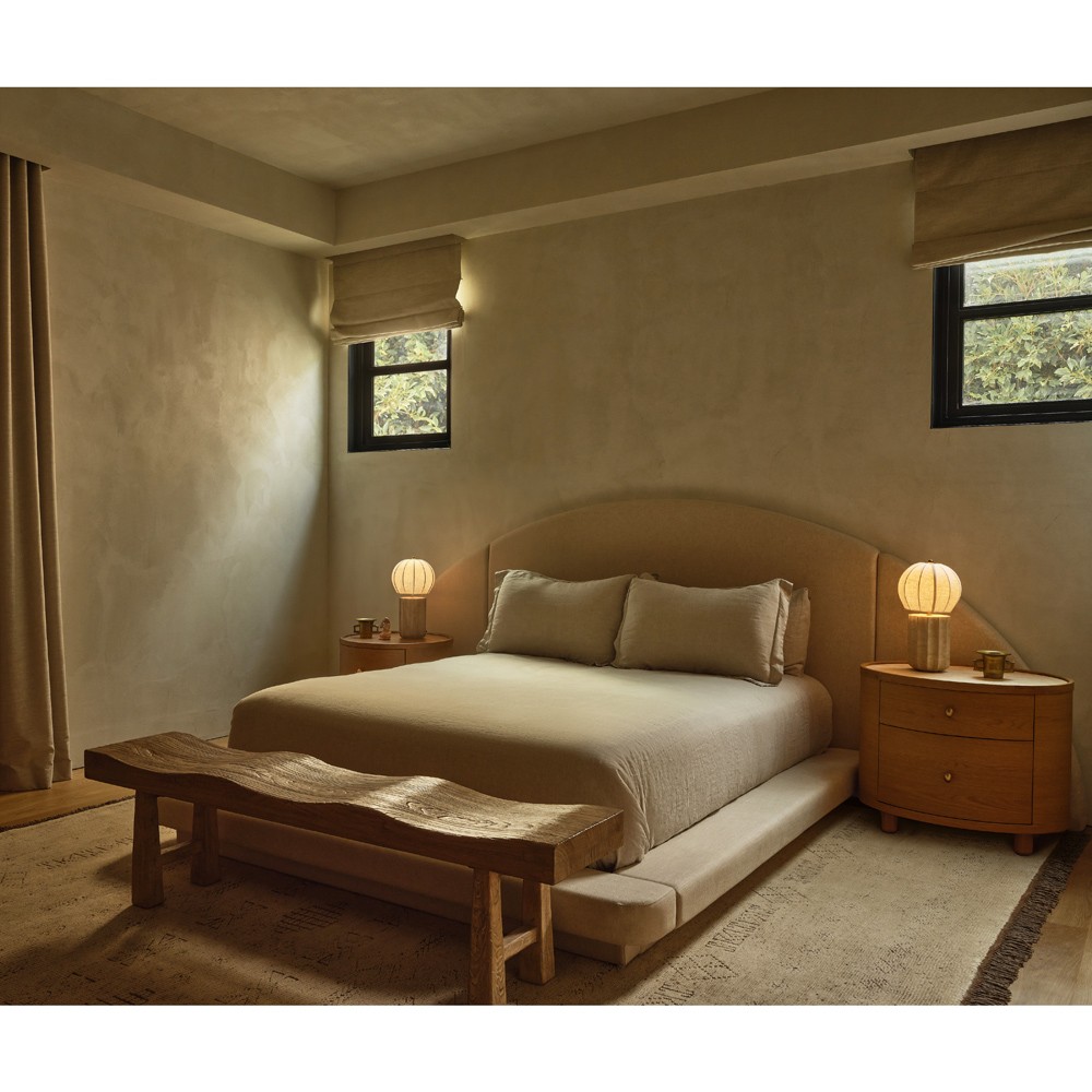 Portofino Coastal Natural Travertine White Linen Shade Table Lamp|