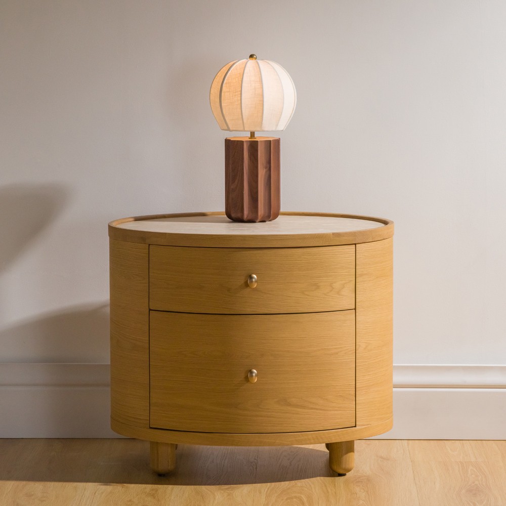 Portofino Coastal Brown Walnut White Linen Shade Table Lamp|