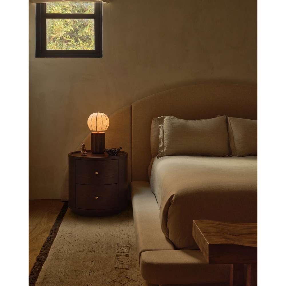 Portofino Coastal Brown Walnut White Linen Shade Table Lamp|