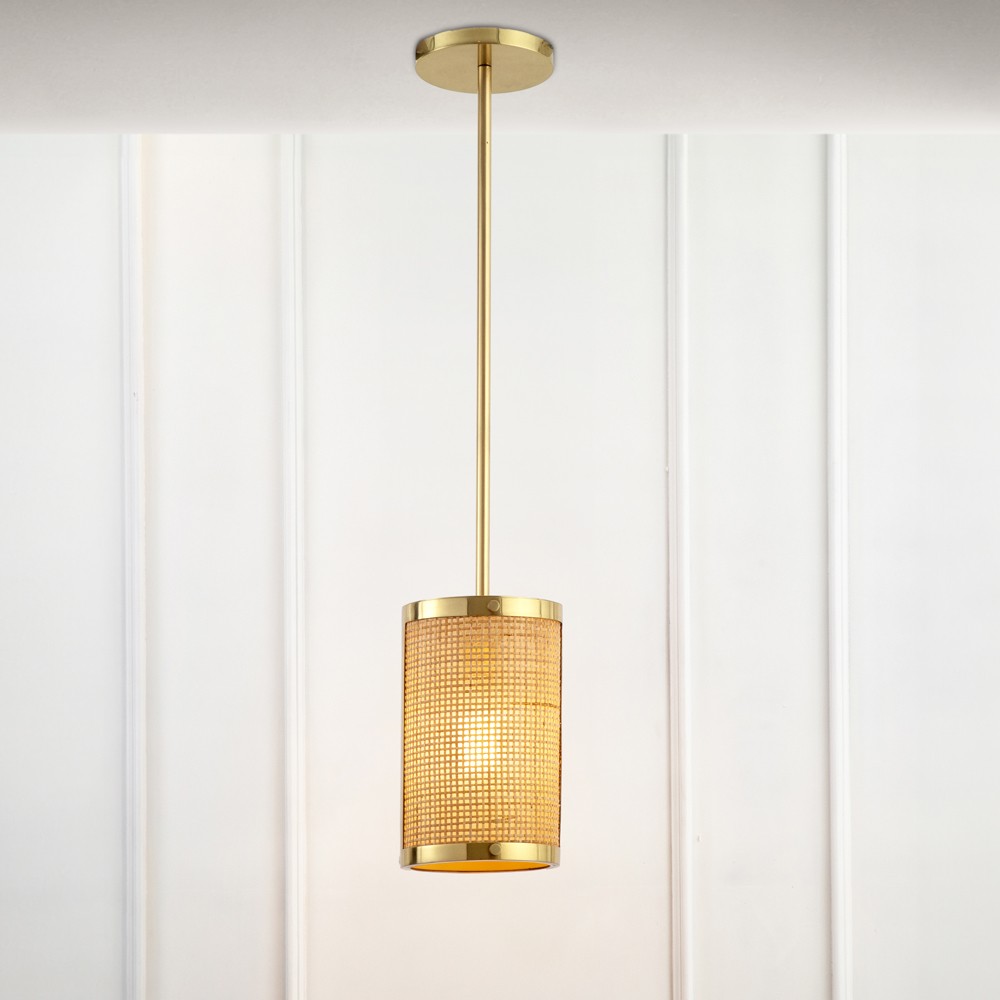 Sorella Coastal Beach Gold Metal Natural Rattan Shade Pendant|