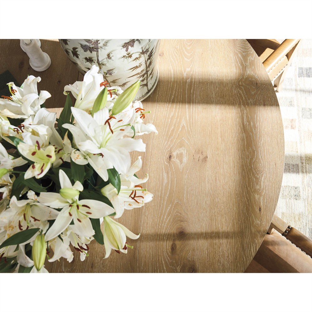 Ennisbrook Updated Traditional Brown Oak Wood Round Extendable Dining Table - 60-82"|