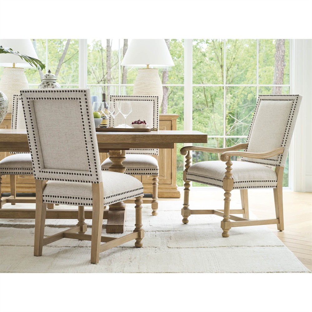 Anderson Updated Traditional Beige Performance Nailhead Dining Arm Chair|