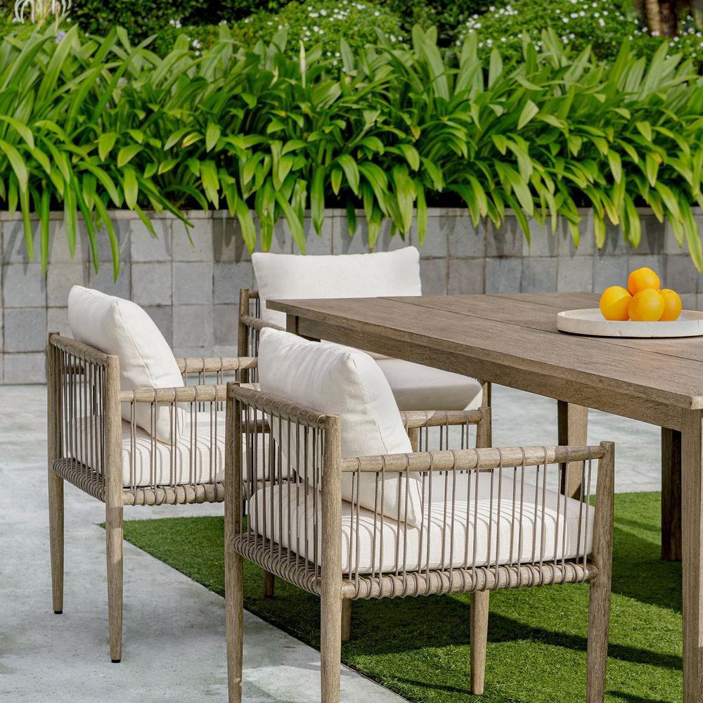 Dara Coastal Beach Grey Mahogany Wood Rope Outdoor Dining Arm Chair|