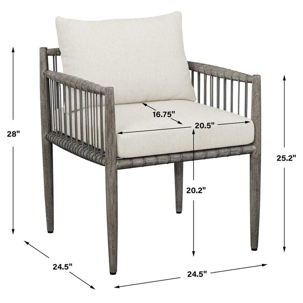 Dara Coastal Beach Grey Mahogany Wood Rope Outdoor Dining Arm Chair|