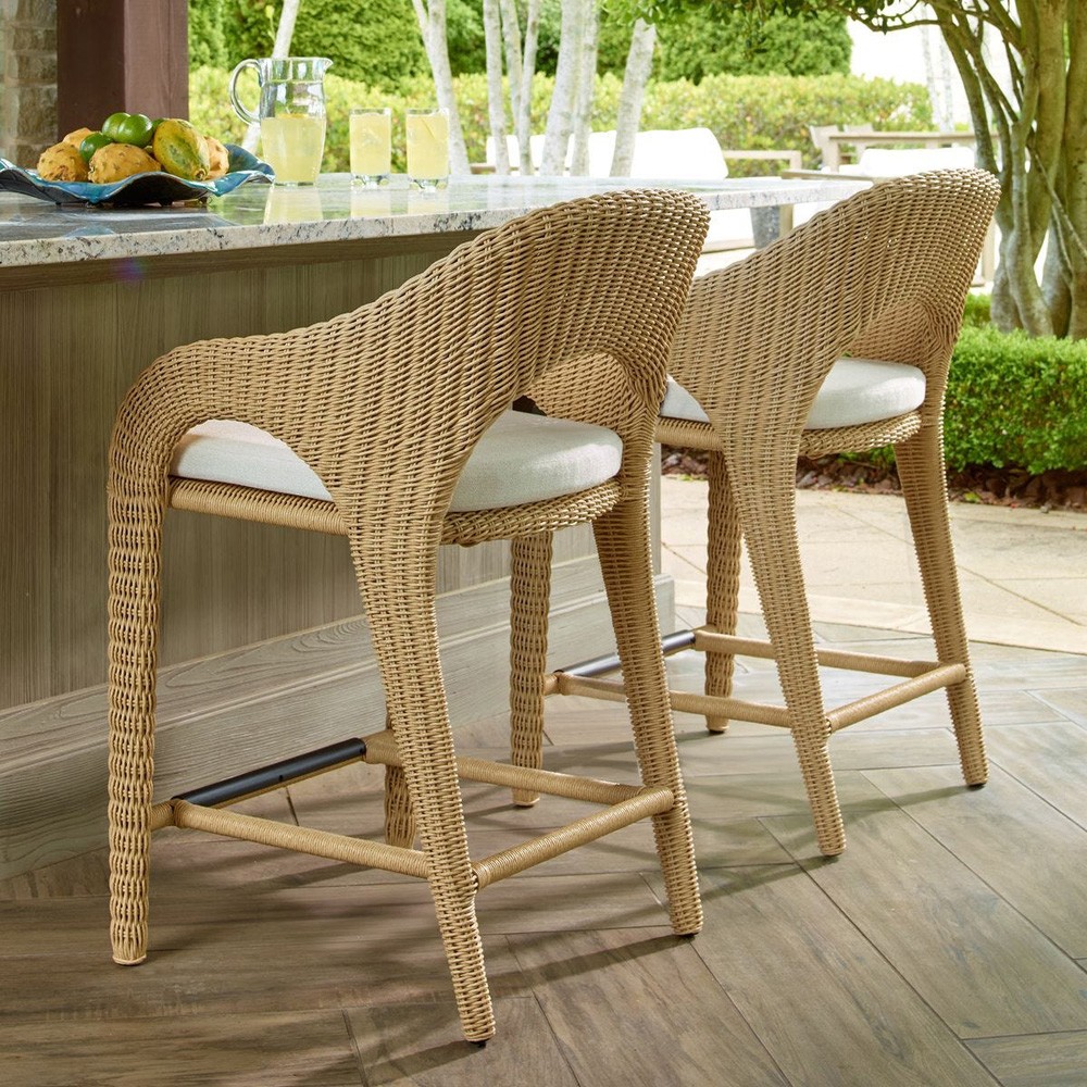 Kaela Coastal Beach Brown Woven Wicker Outdoor Counter Stool|
